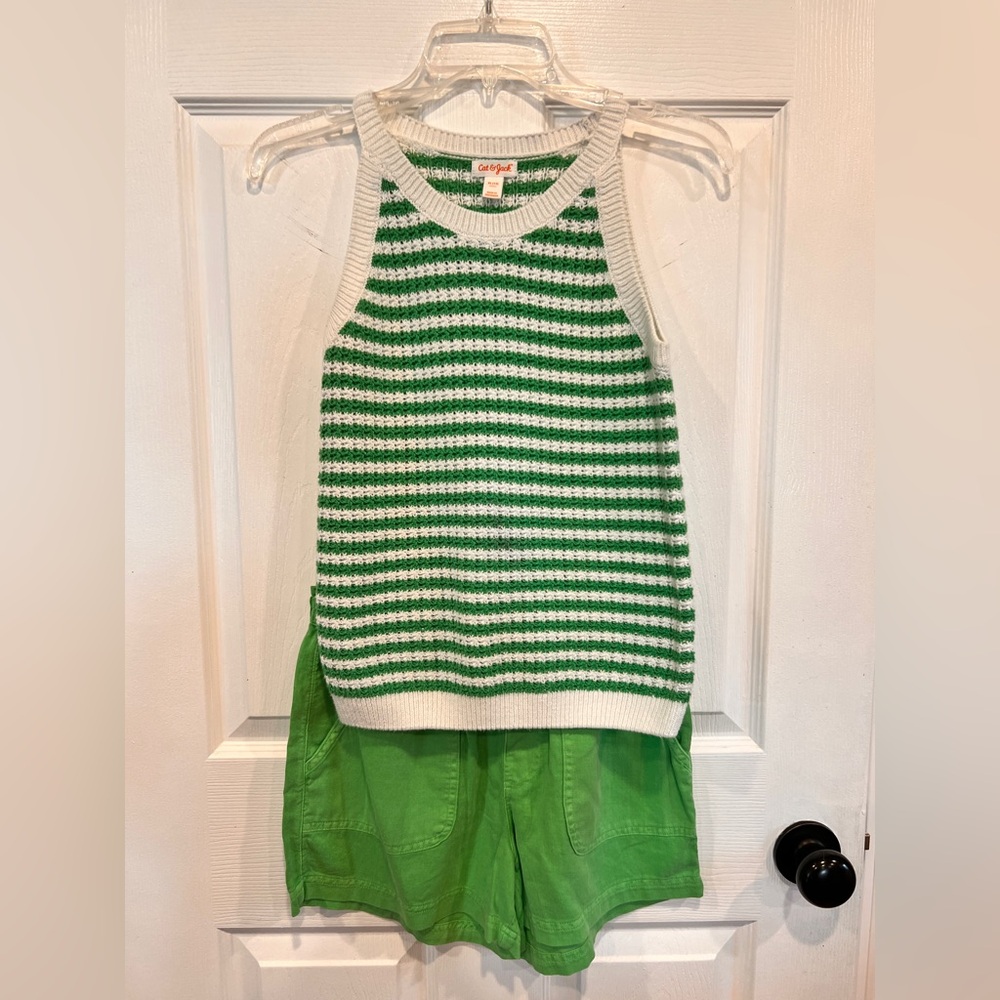 Cat & Jack Green and White Striped Knit Tank with shorts. Girls size 14.